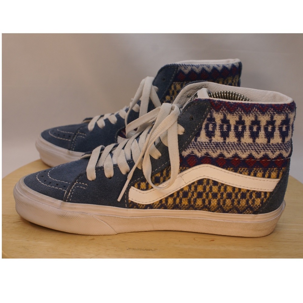 Vans Sk8-Hi Blue Suede Woven Textile Geometric High Top Sneakers Womens 5.5 boho - Picture 10 of 12